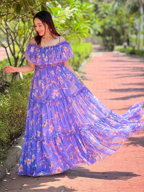Woman in Purple Martini Floral Maxi Dress outdoors