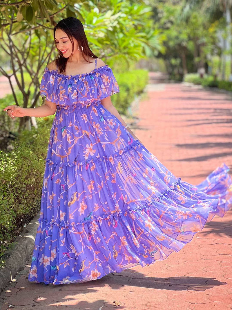 Woman in Purple Martini Floral Maxi Dress outdoors