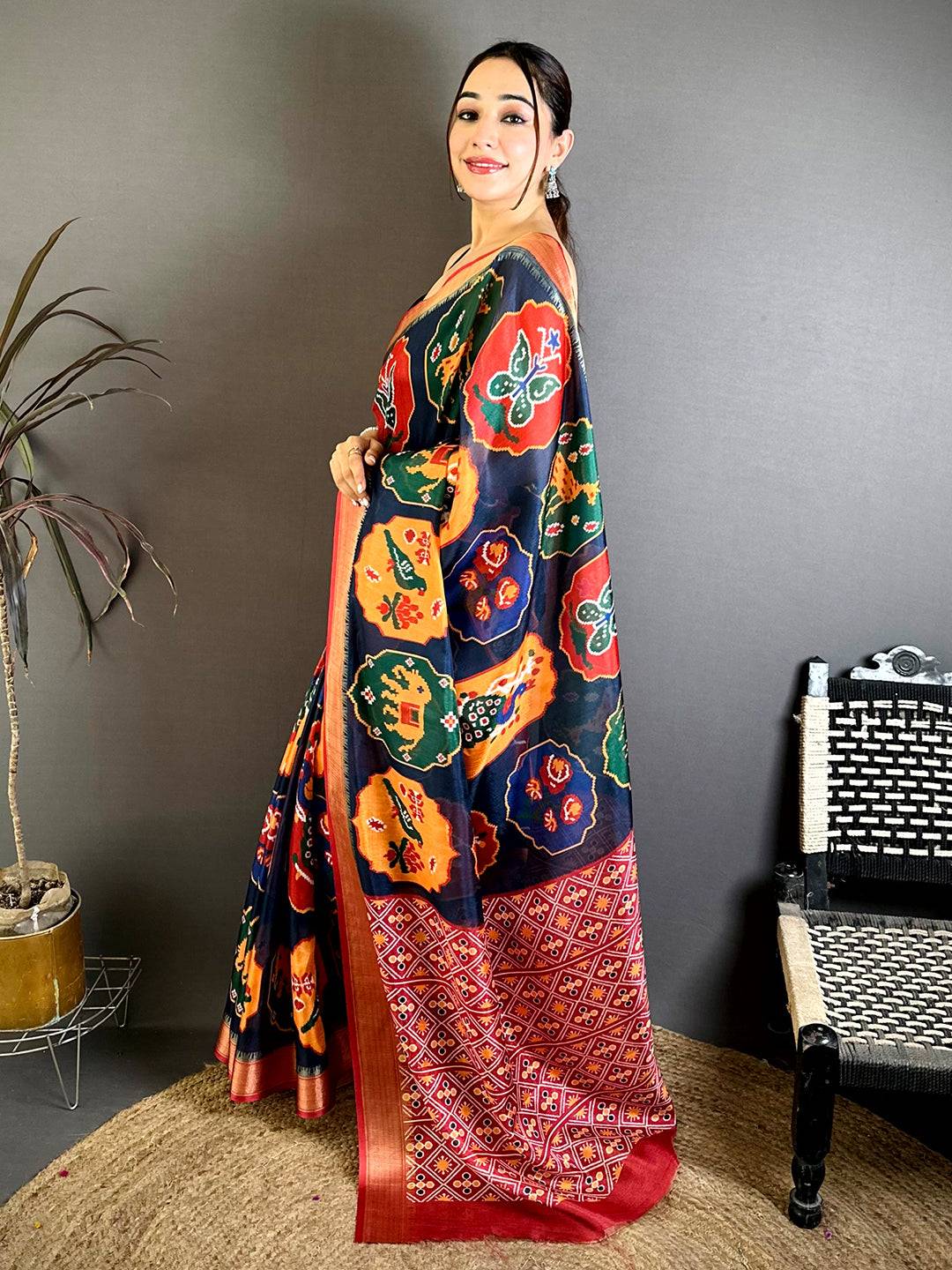 Navy Soft Dola Big Ikkat Minakari Print Saree