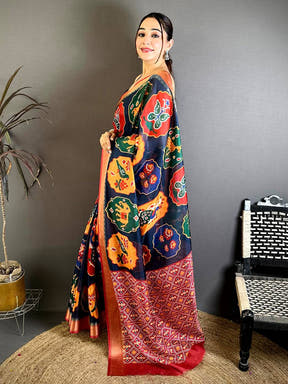 Navy Soft Dola Big Ikkat Minakari Print Saree