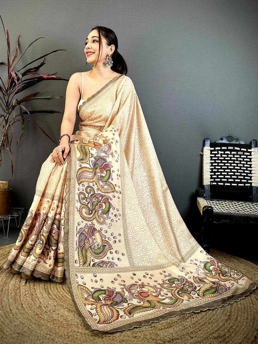 Beige Kalamkari Tussar Cutwork Saree