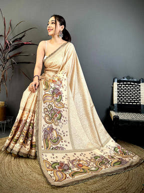Beige Kalamkari Tussar Cutwork Saree
