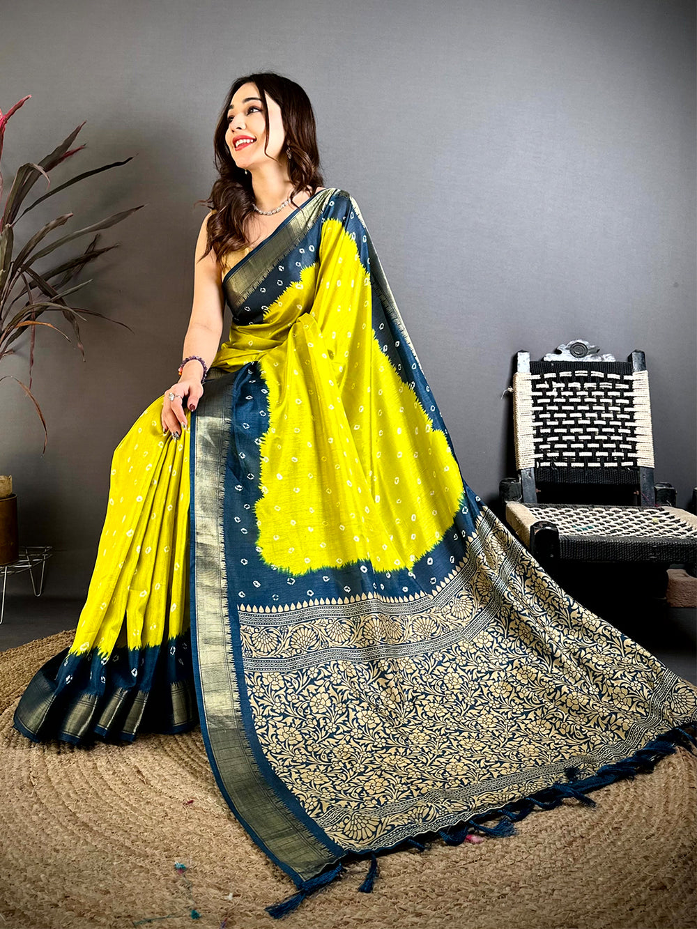 Yellow Bandhej Printed Dola Silk Saree