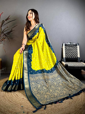 Yellow Bandhej Printed Dola Silk Saree