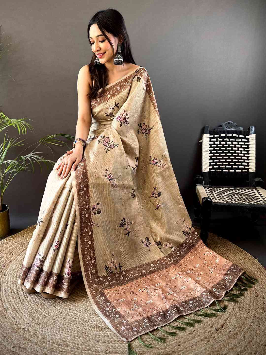 Beige Zari Tussar Floral Print Saree