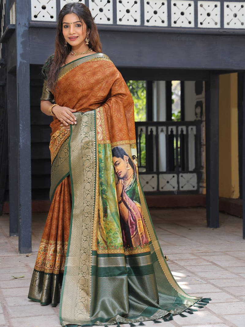 Brown Viscose Dola Silk Saree With Kalamkari & Mughal Print
