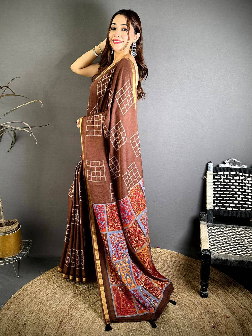 Brown Mul Cotton Kalamkari Print Pallu Saree