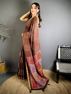 Brown Mul Cotton Kalamkari Print Pallu Saree