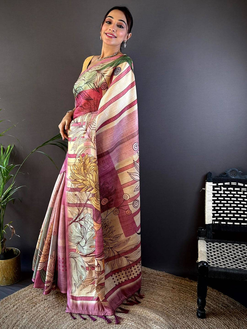 Burgundy Tussar Silk Floral Prints Saree