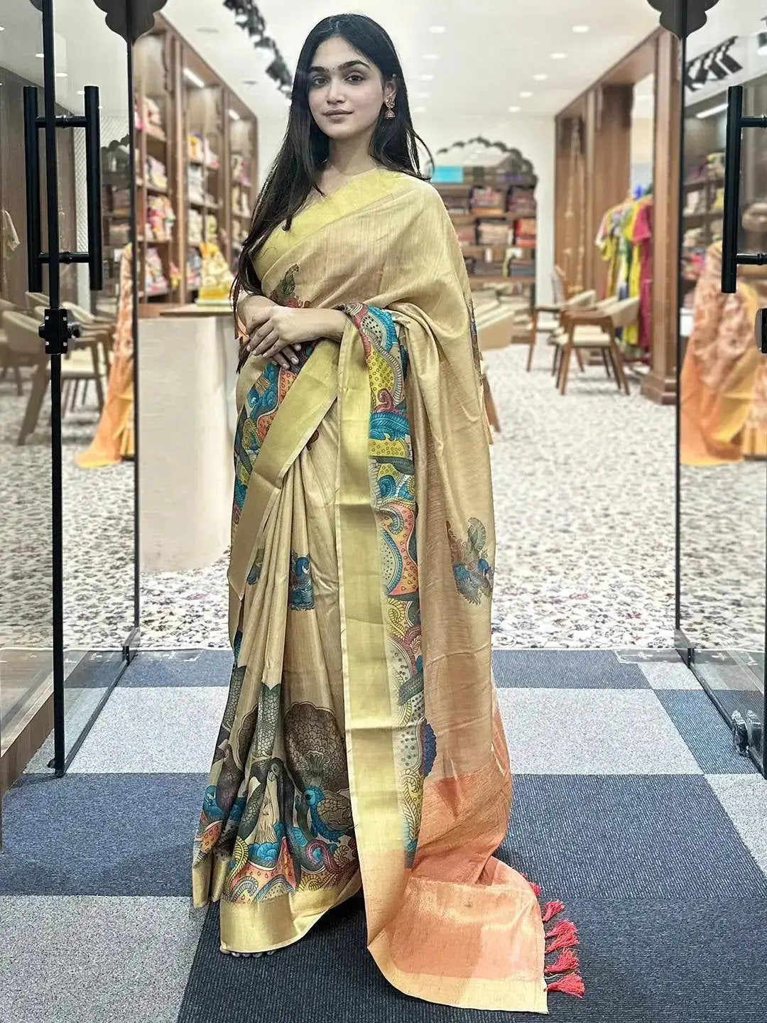Exclusive Pen Kalamkari Linen Tissue Soft Saree