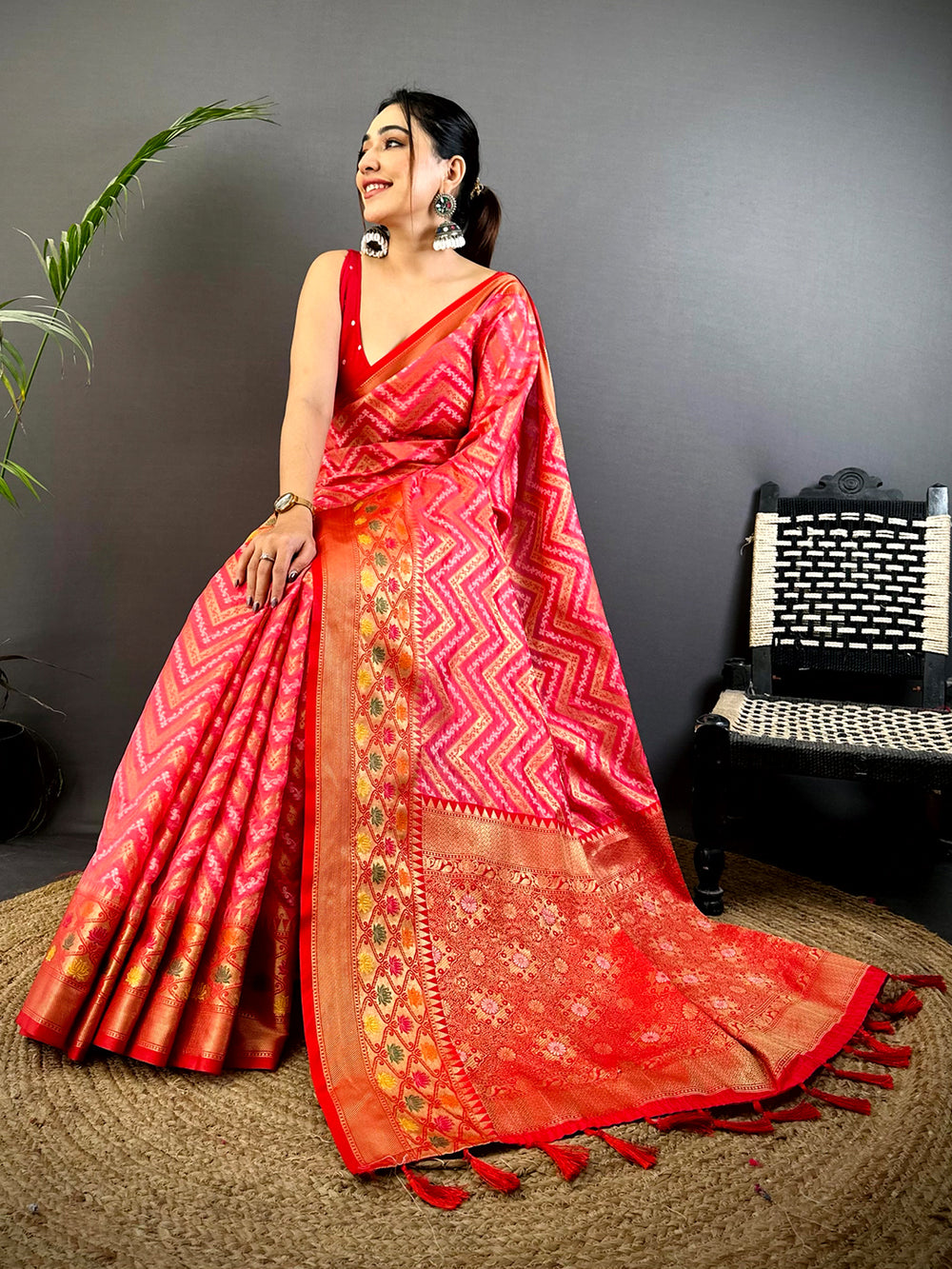 Pink Banarasi Zic Zac Katan Silk Saree
