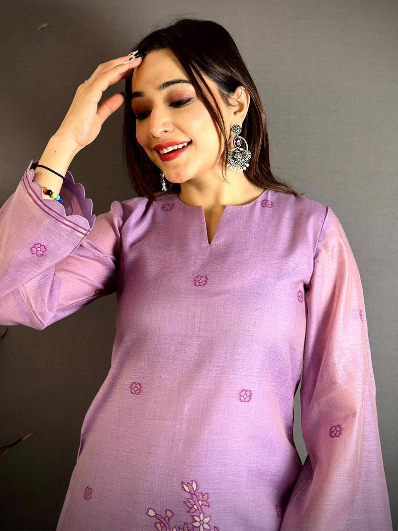 Lavender Hand Embroidered Suit Set