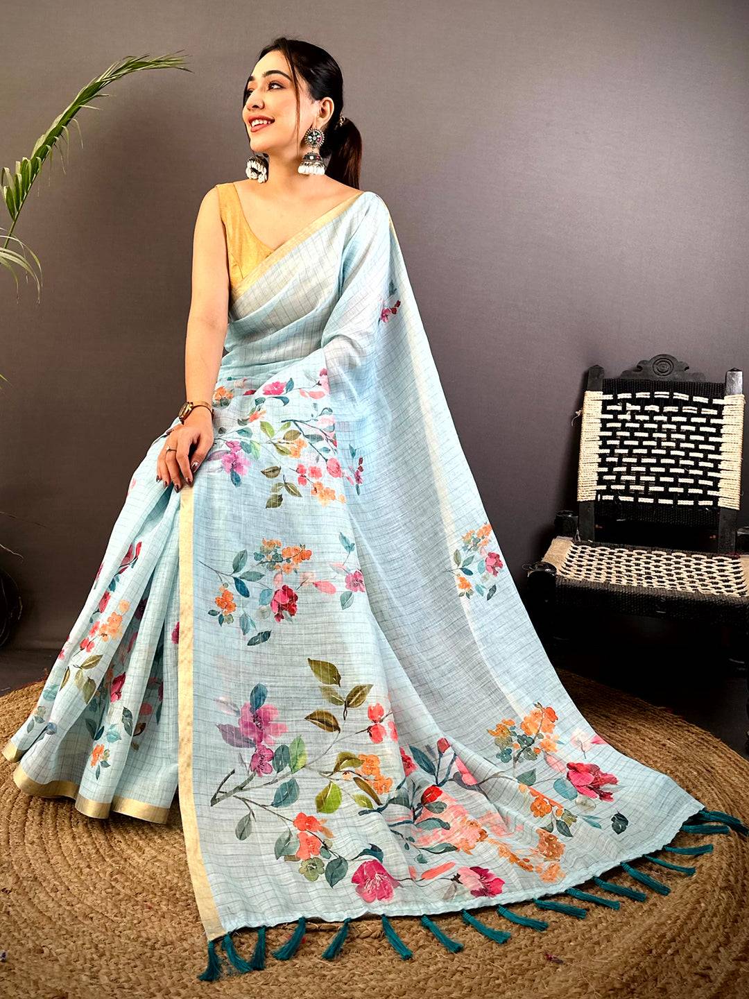 Sky Blue Linen Chex Floral Saree