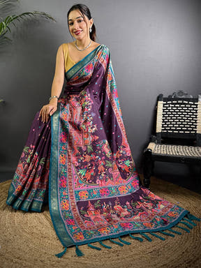 Wine Soft Silk Pashmina Kashmiri Print Saree