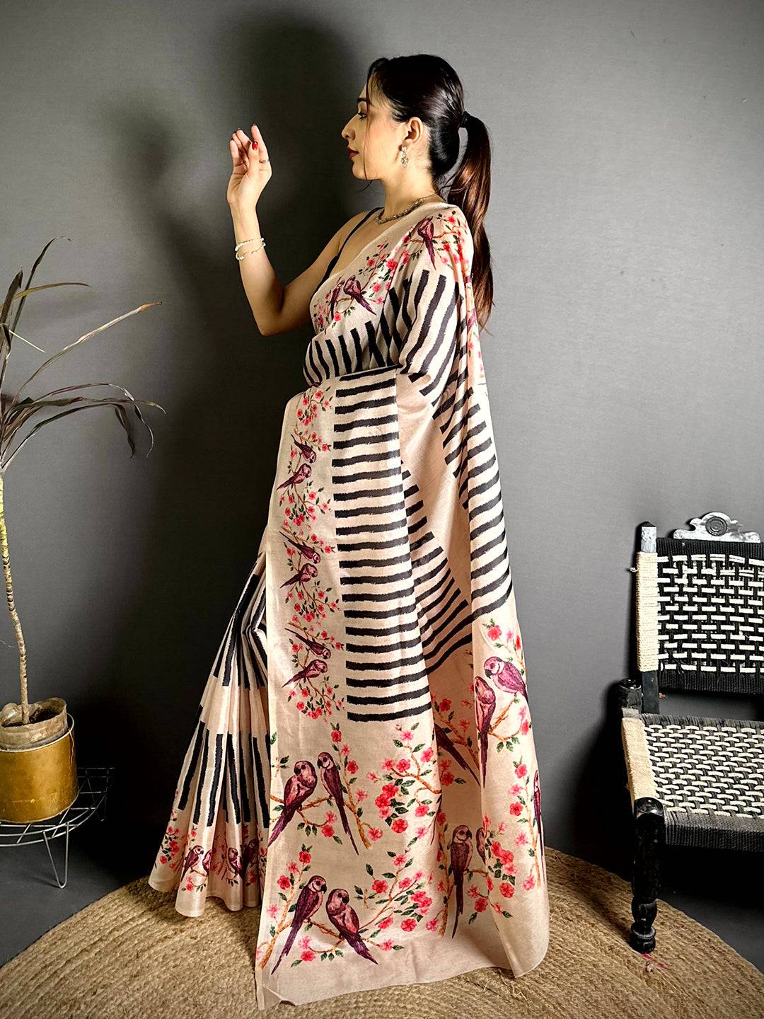 Celebrity Striped Kalamkari Tussar Saree

