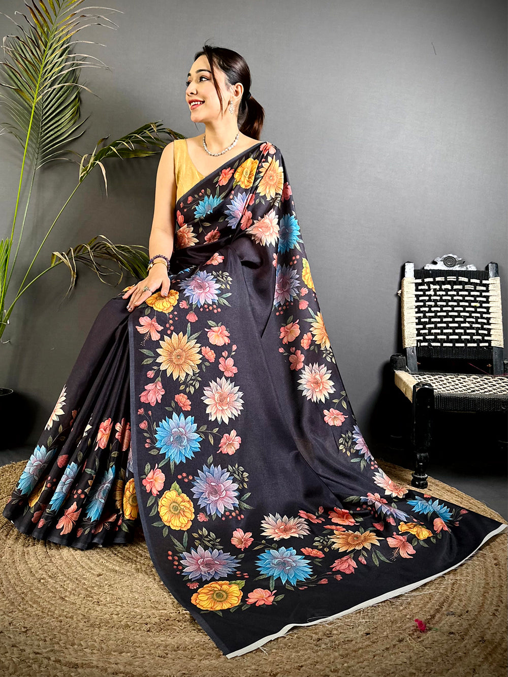 Black Soft Tussar Silk Floral Saree