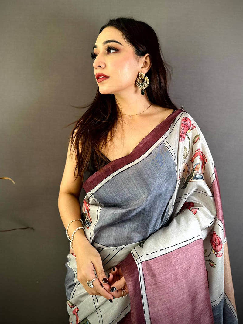 Artisan Tussar Contrast Kalamkari Pallu Saree