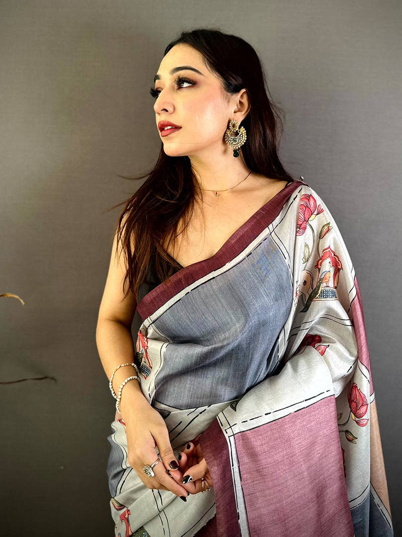 Artisan Tussar Contrast Kalamkari Pallu Saree