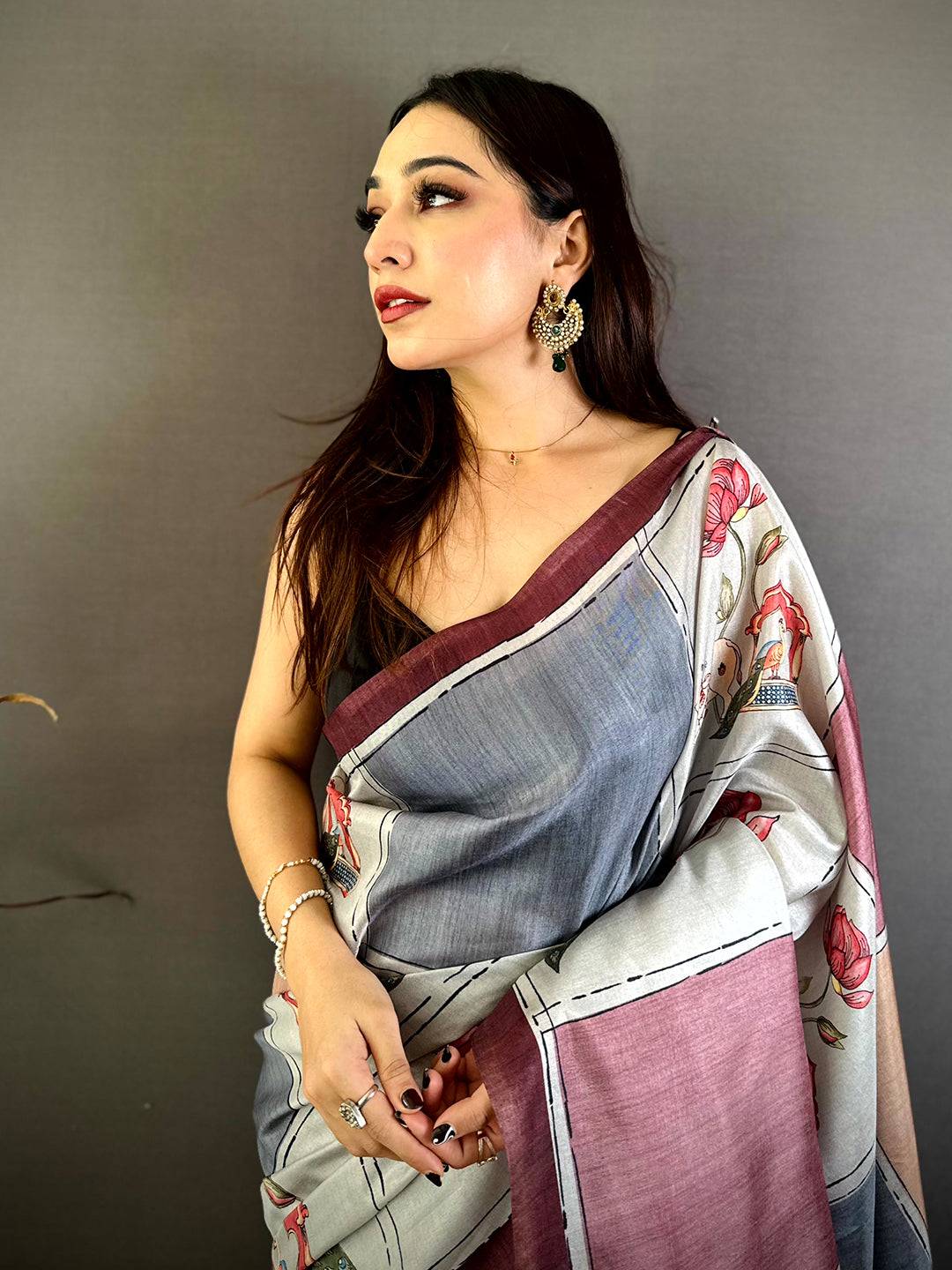 Artisan Tussar Contrast Kalamkari Pallu Saree