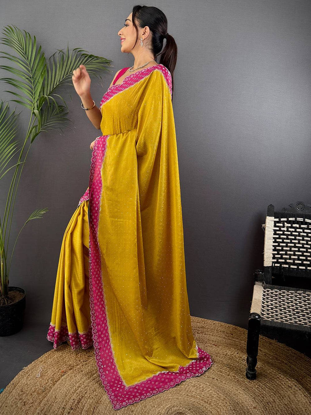 Mustard Poly Chiffon Diamond Stone Work Saree



