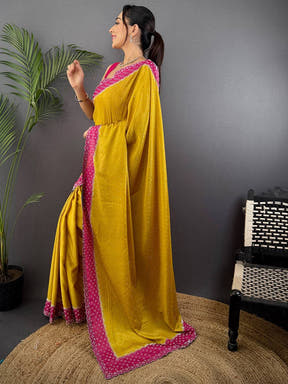 Mustard Poly Chiffon Diamond Stone Work Saree


