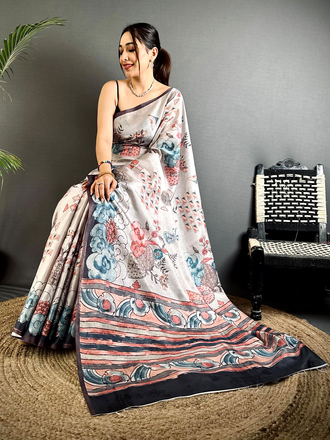Opulent Floral Kalamkari Tussar Saree