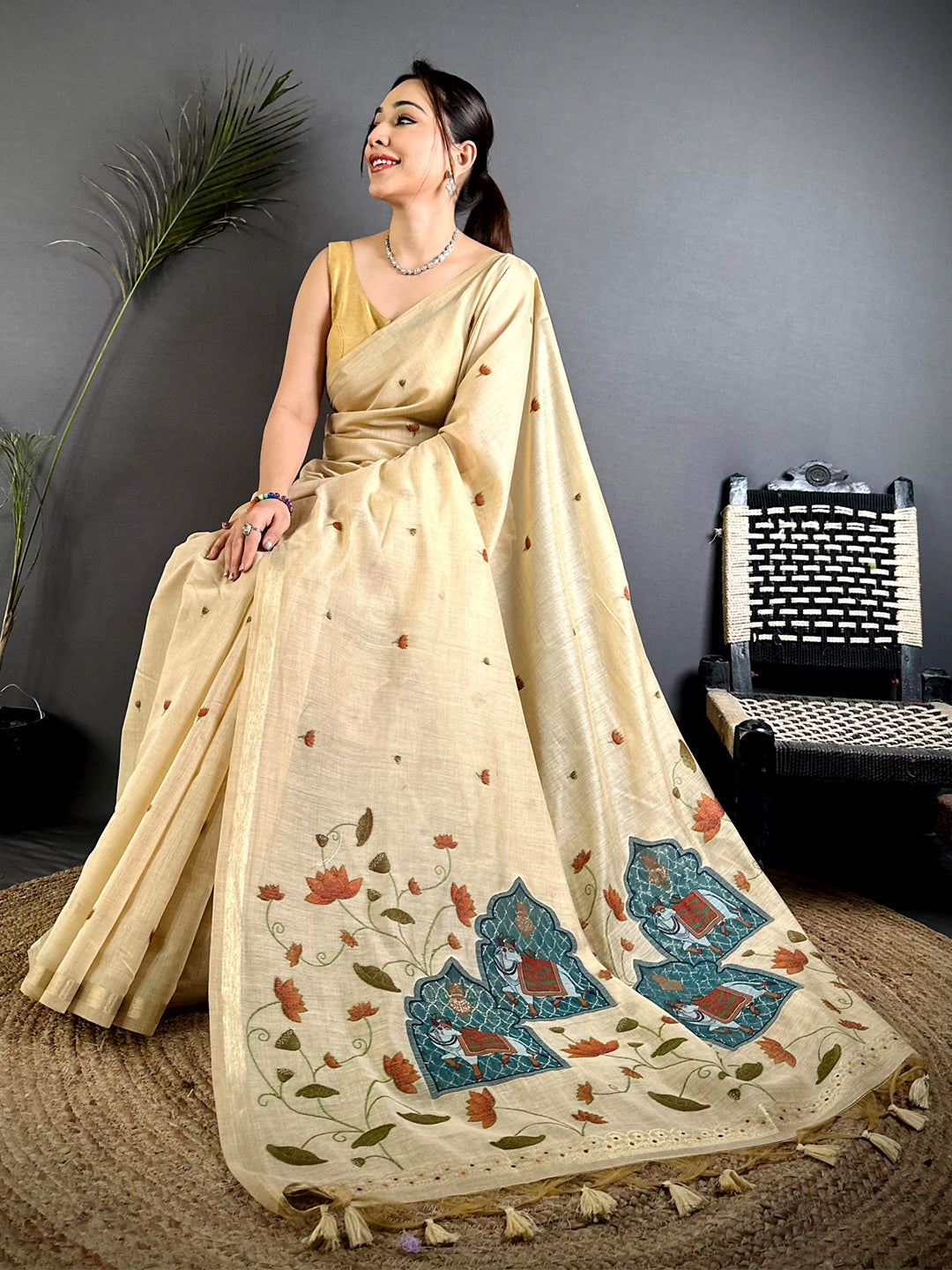 Pichwai Minakari Cotton Linen Saree