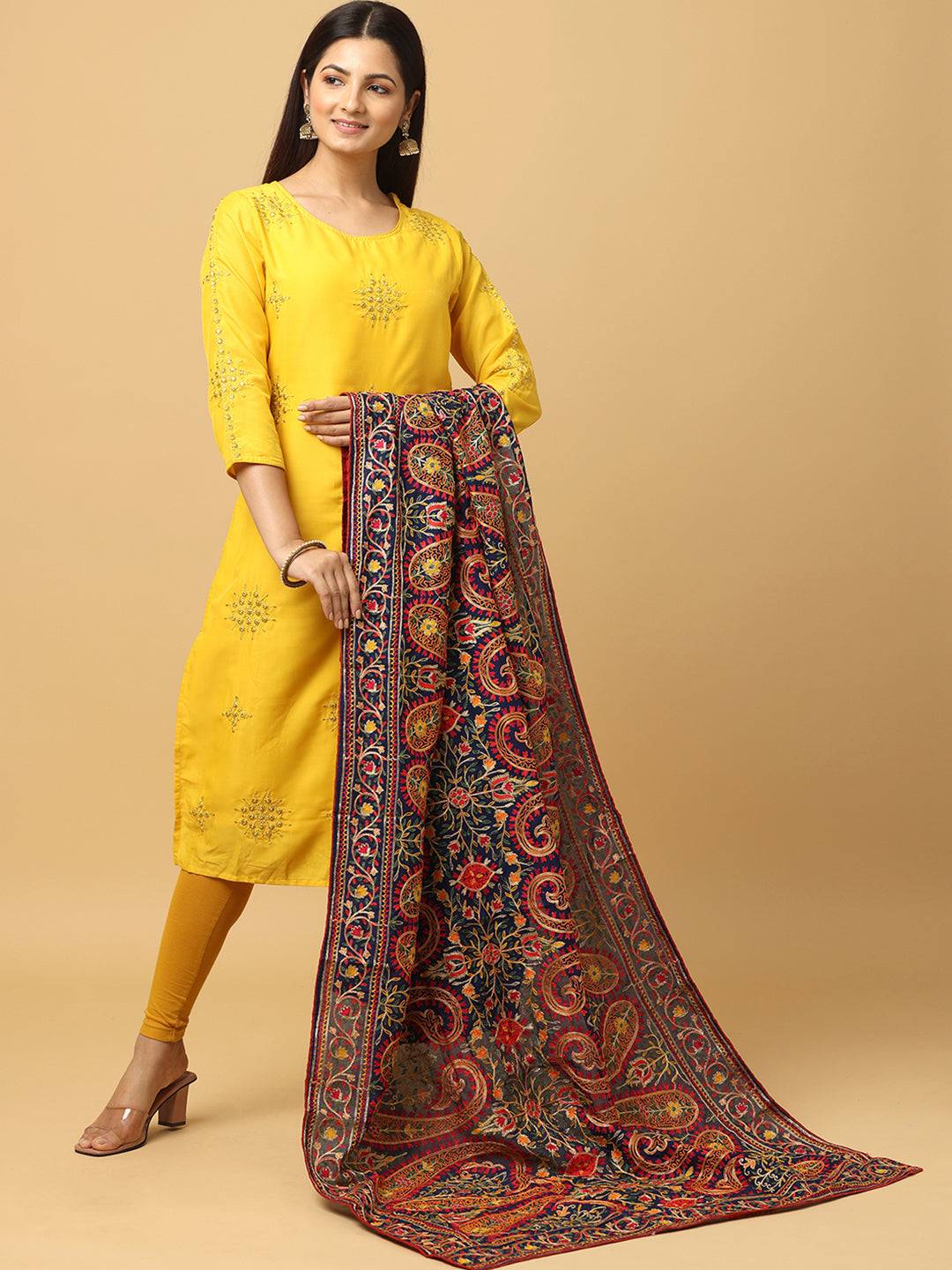 Front view of Navy Poly Chiffon Pashmina Dupatta with ethnic motifs