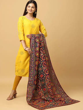 Front view of Navy Poly Chiffon Pashmina Dupatta with ethnic motifs
