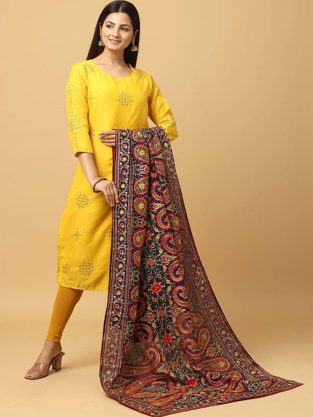 Front view of Navy Poly Chiffon Pashmina Dupatta with ethnic motifs
