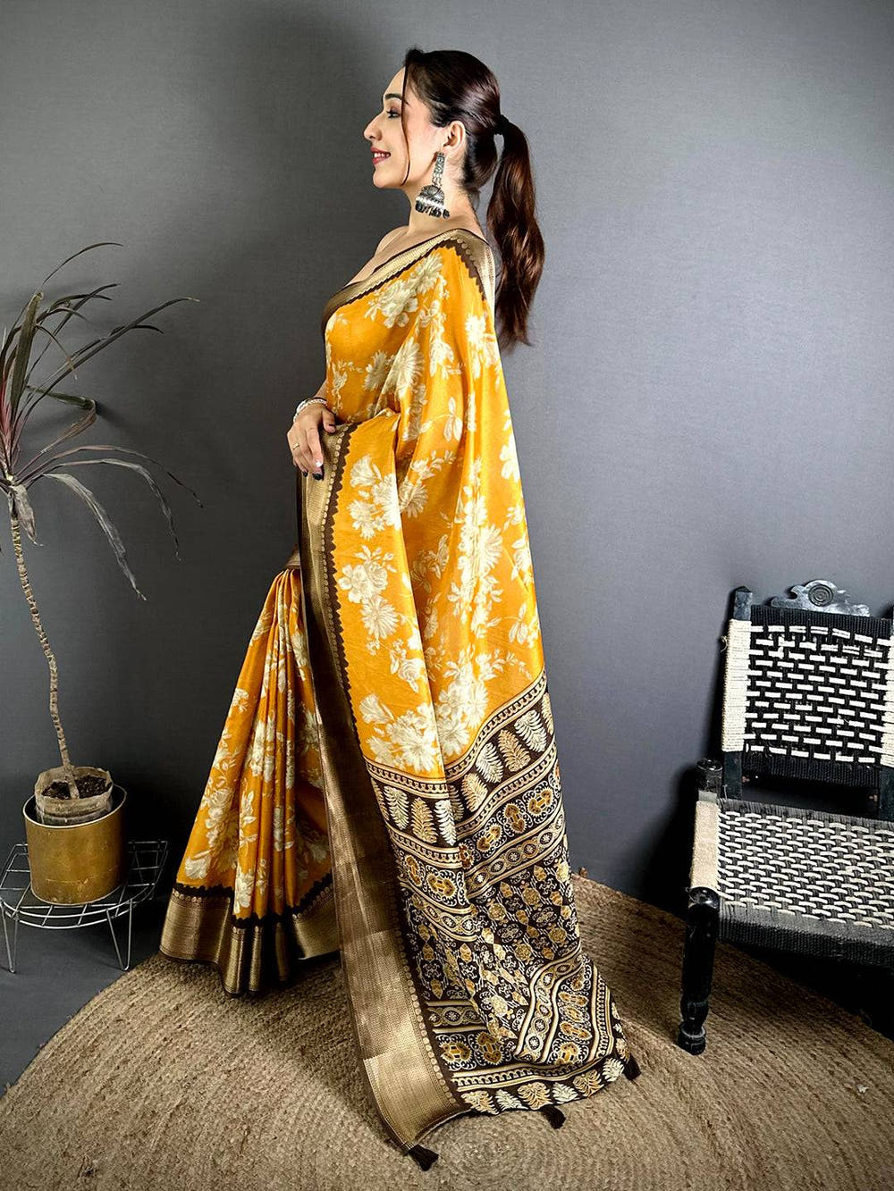 Mustard Dola Big Floral Zari Kanchi Saree