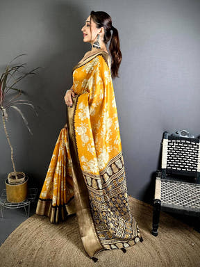Mustard Dola Big Floral Zari Kanchi Saree