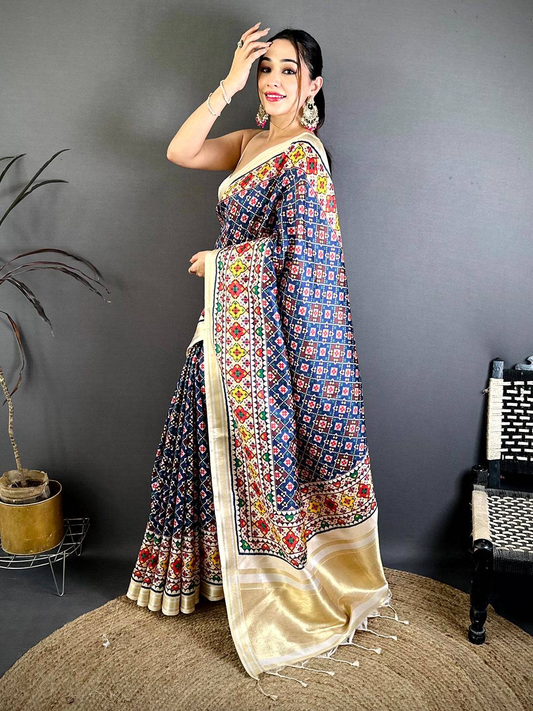 Navy Ethnic Digital Ikkat Kanchi Saree