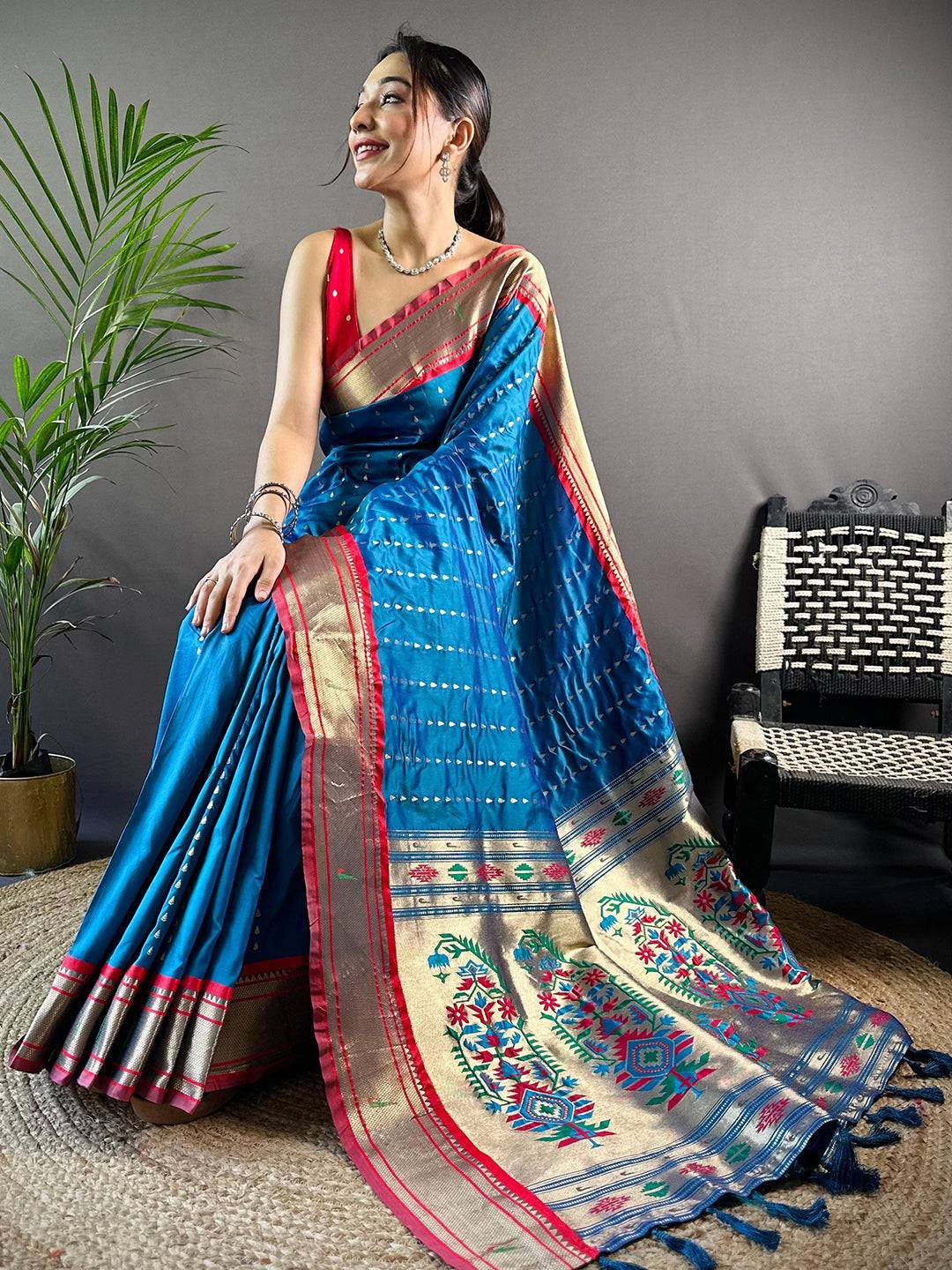 Luxurious Royal Blue Paithani Saree with vibrant Zari weaving
