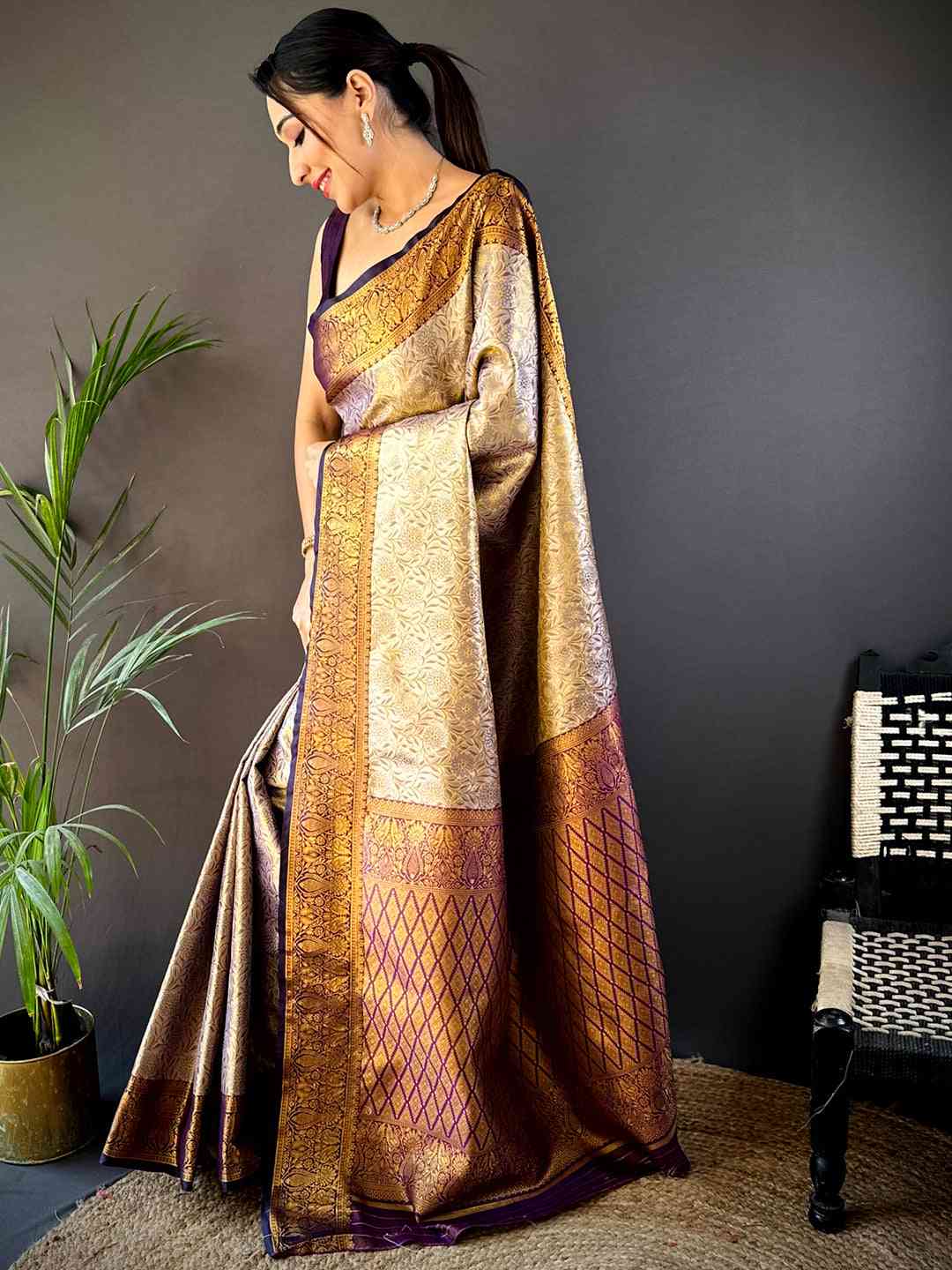 Gold Zari Floral Saree in Black