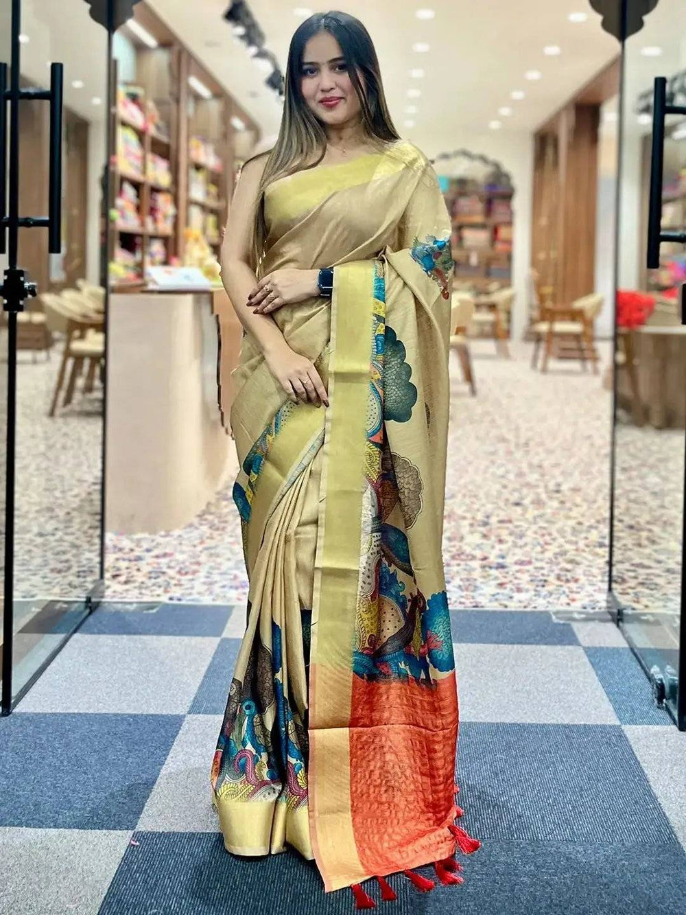 Stylish Kalamkari Linen Tissue Saree in a modern setting Vastranand 