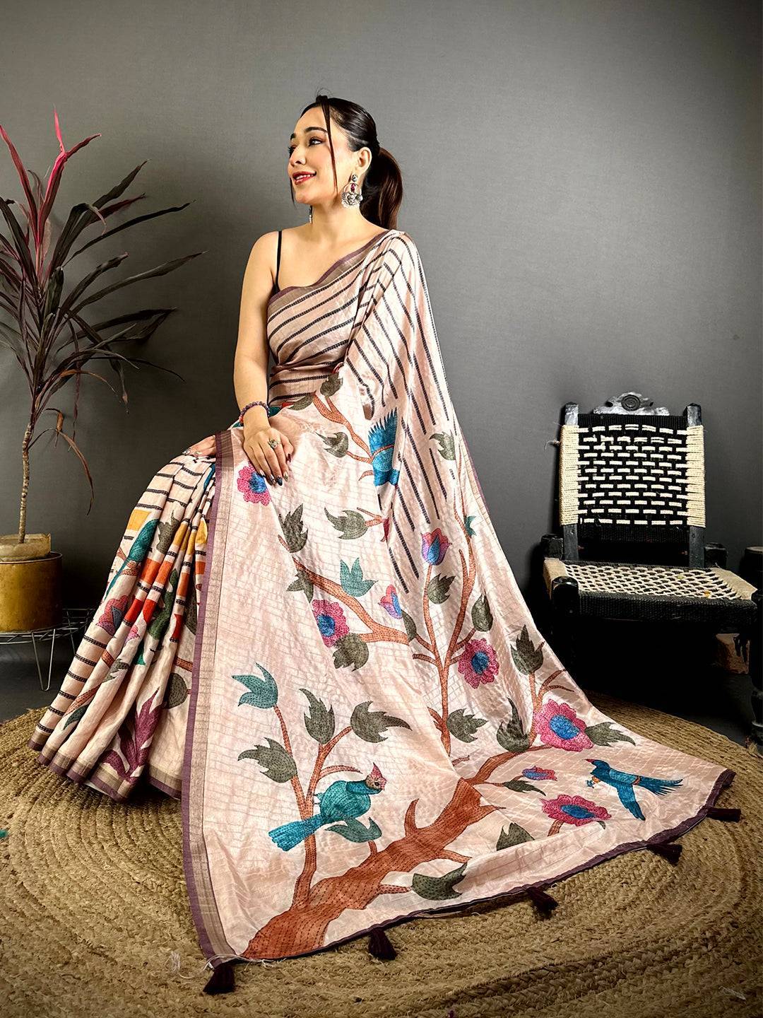 Beige Tussar Ghicha Floral Bird Saree