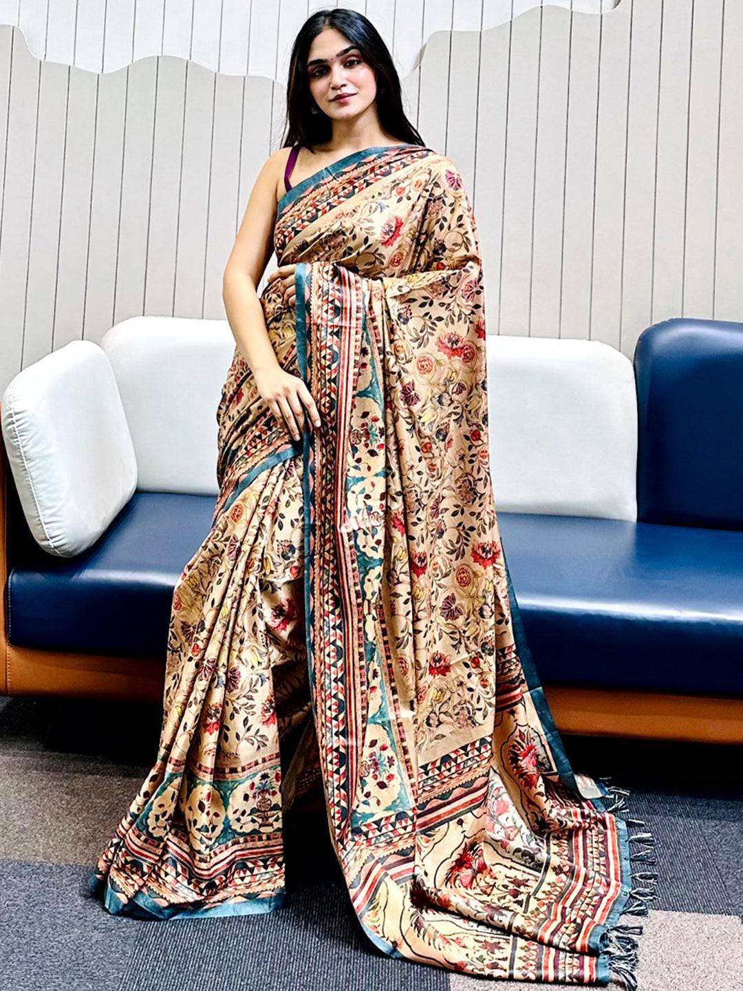 Chiku Tussar Silk Flower Pashmina Print Saree on display