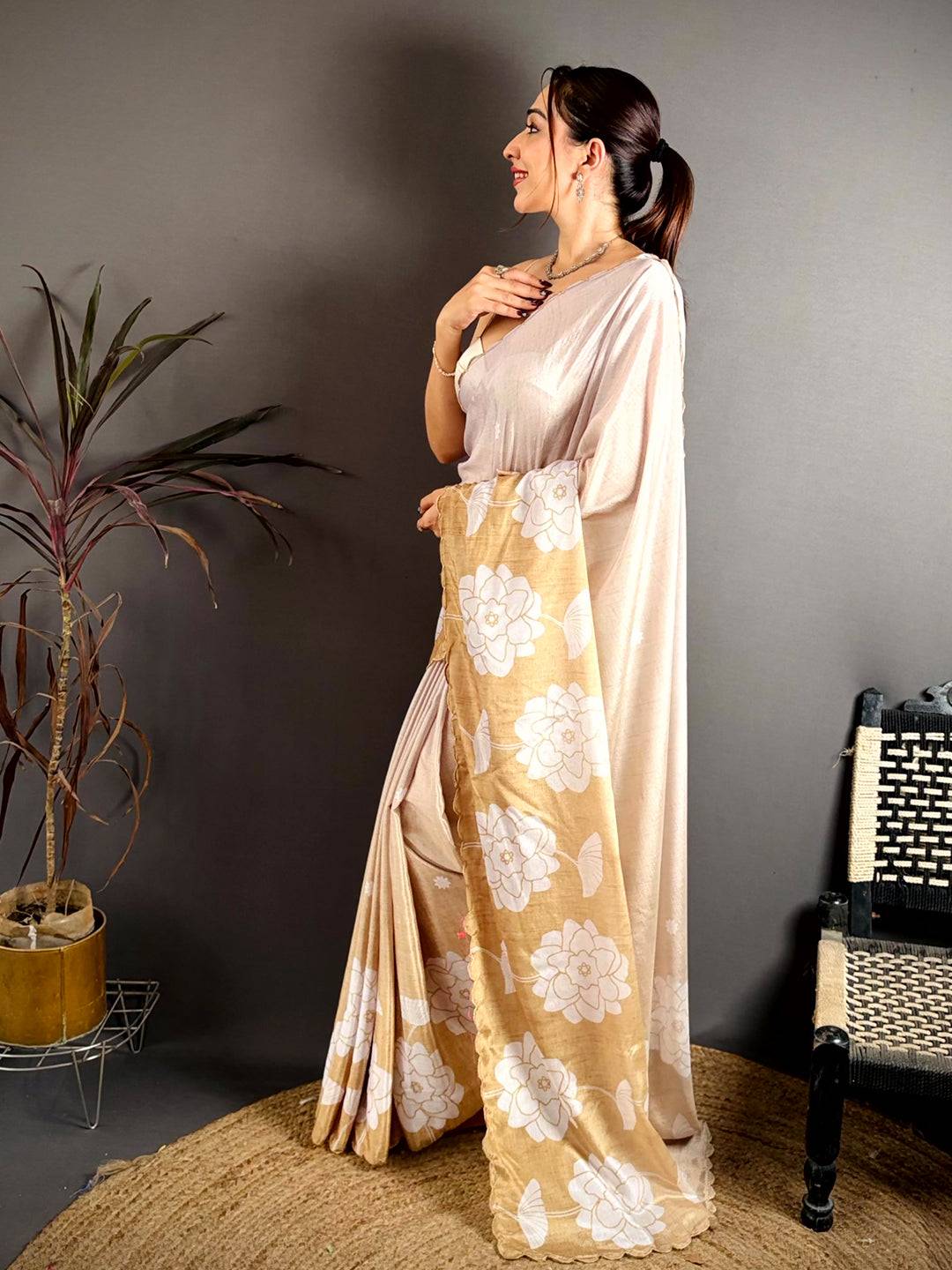 Radiant Floral Print Embroidered Chinnon Saree