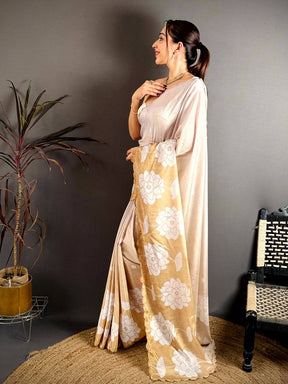 Radiant Floral Print Embroidered Chinnon Saree