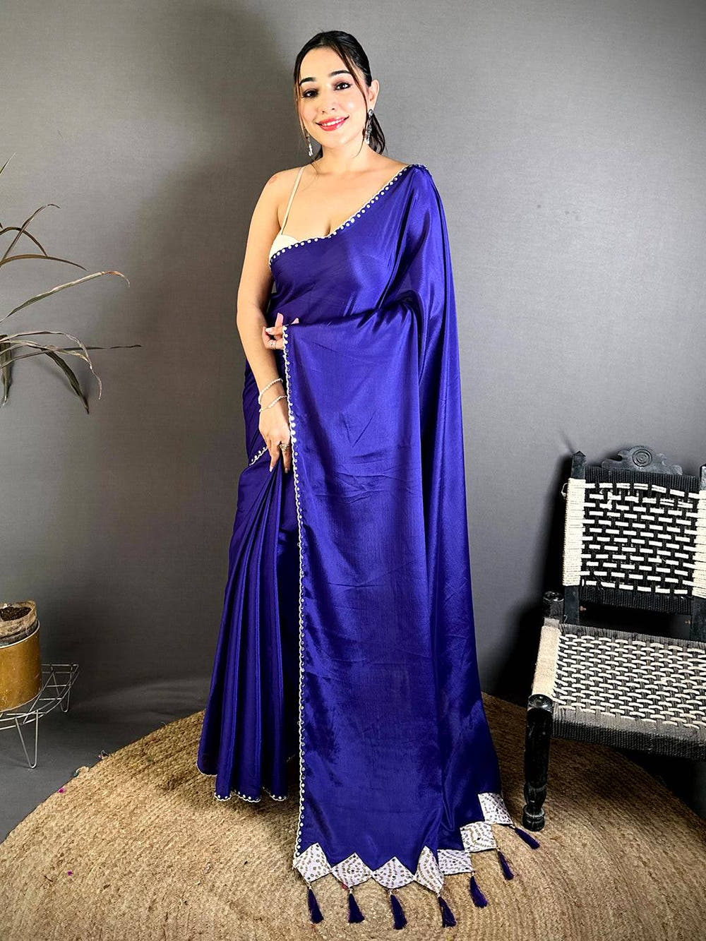 Blue Vichitra Real Mirror Work Tassel Saree