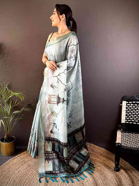 Powder Blue Tissue Chanderi Japanese Print Saree