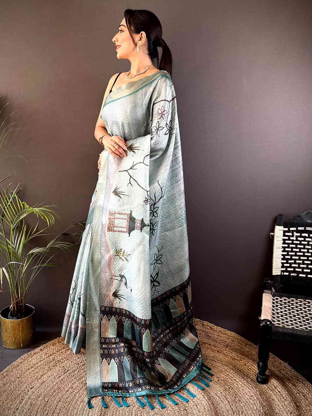 Powder Blue Tissue Chanderi Japanese Print Saree