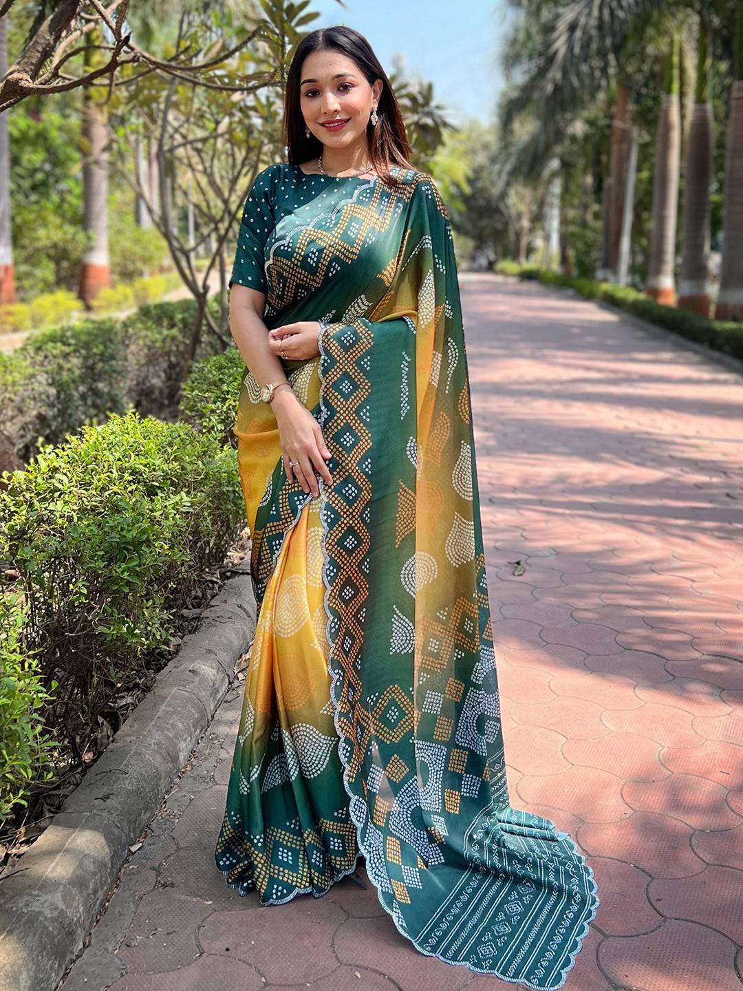 Georgette Silk Saree with Ombre Bandhej Print & Stone Work