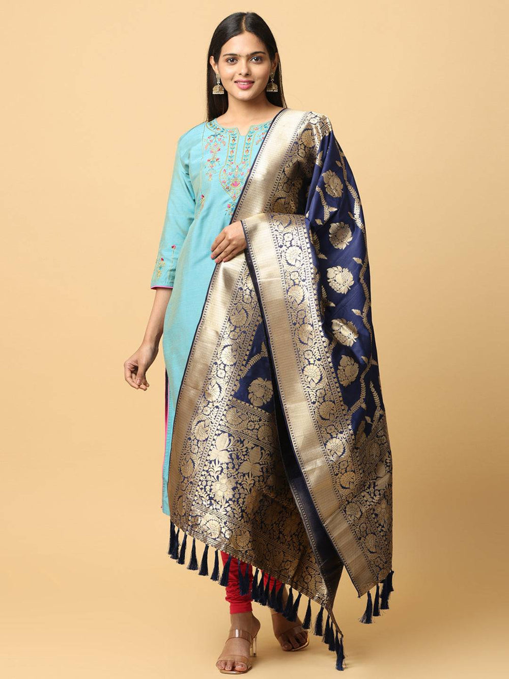 Opulent dark blue silk blend dupatta with gold woven design