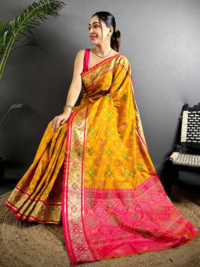 Yellow Pochampally Patola Soft Silk Saree

