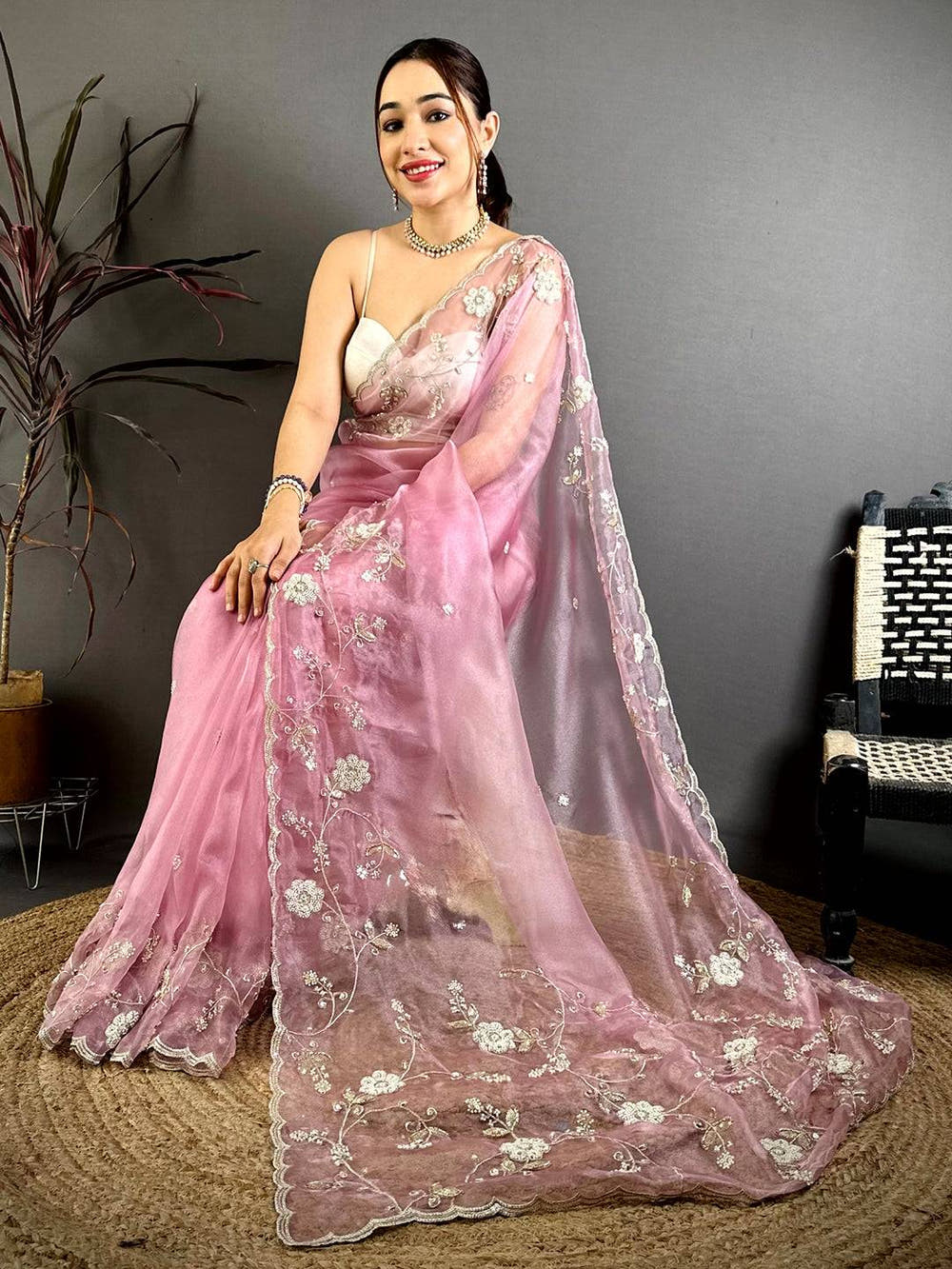 Pink Pearl Work Glass Organza Saree