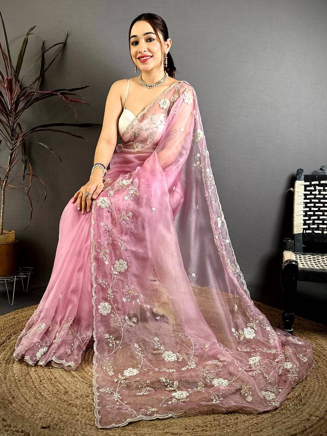 Pink Pearl Work Glass Organza Saree