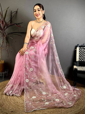 Pink Pearl Work Glass Organza Saree