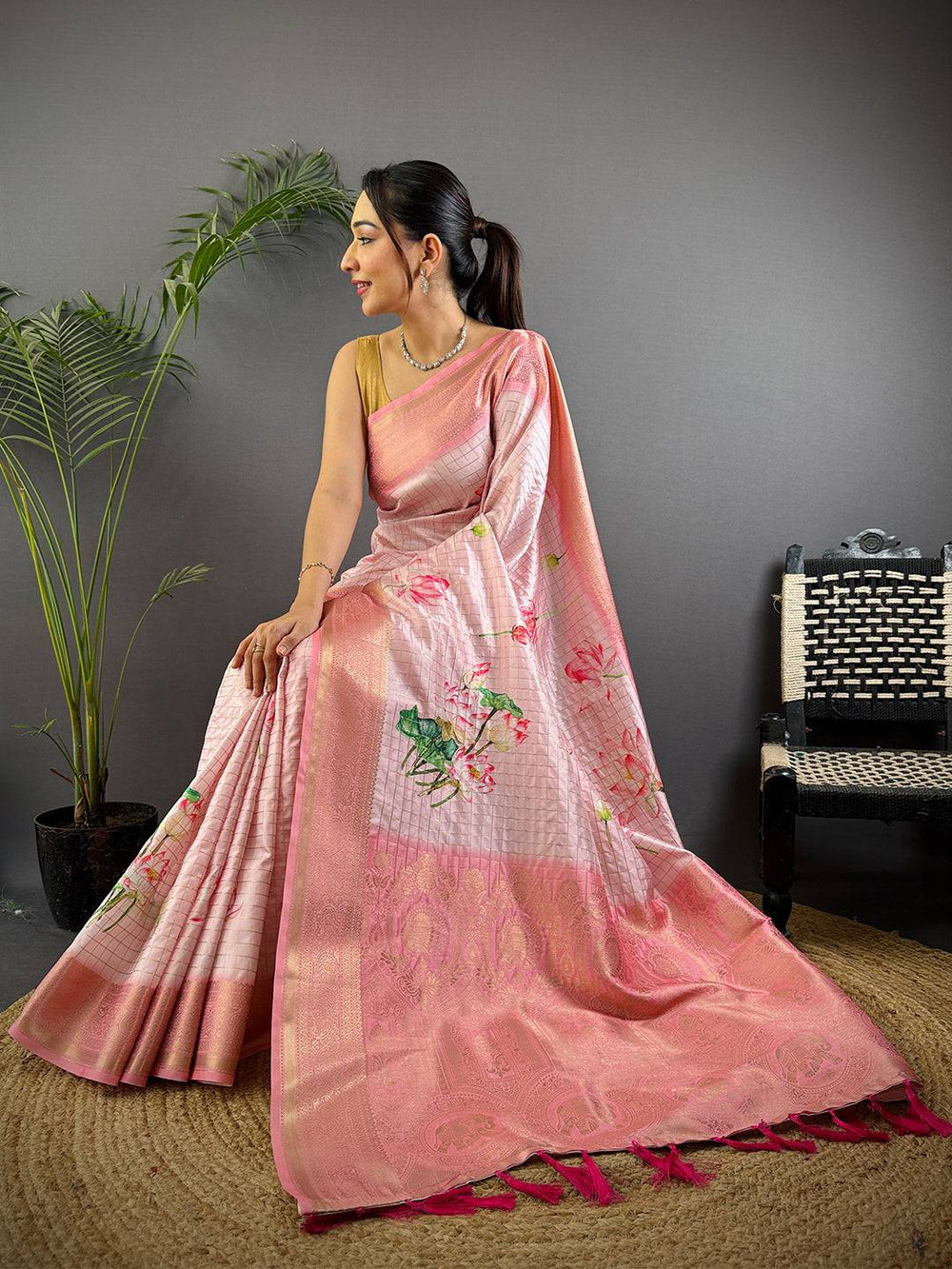Rose Pink Banarasi Silk Digital Printed Saree
